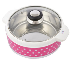 Heart Home Dot Printed Inner Steel Casserole with Toughened Glass Lid, 1500ml- Pack of 2 (Pink)-HS42KUBMART25007