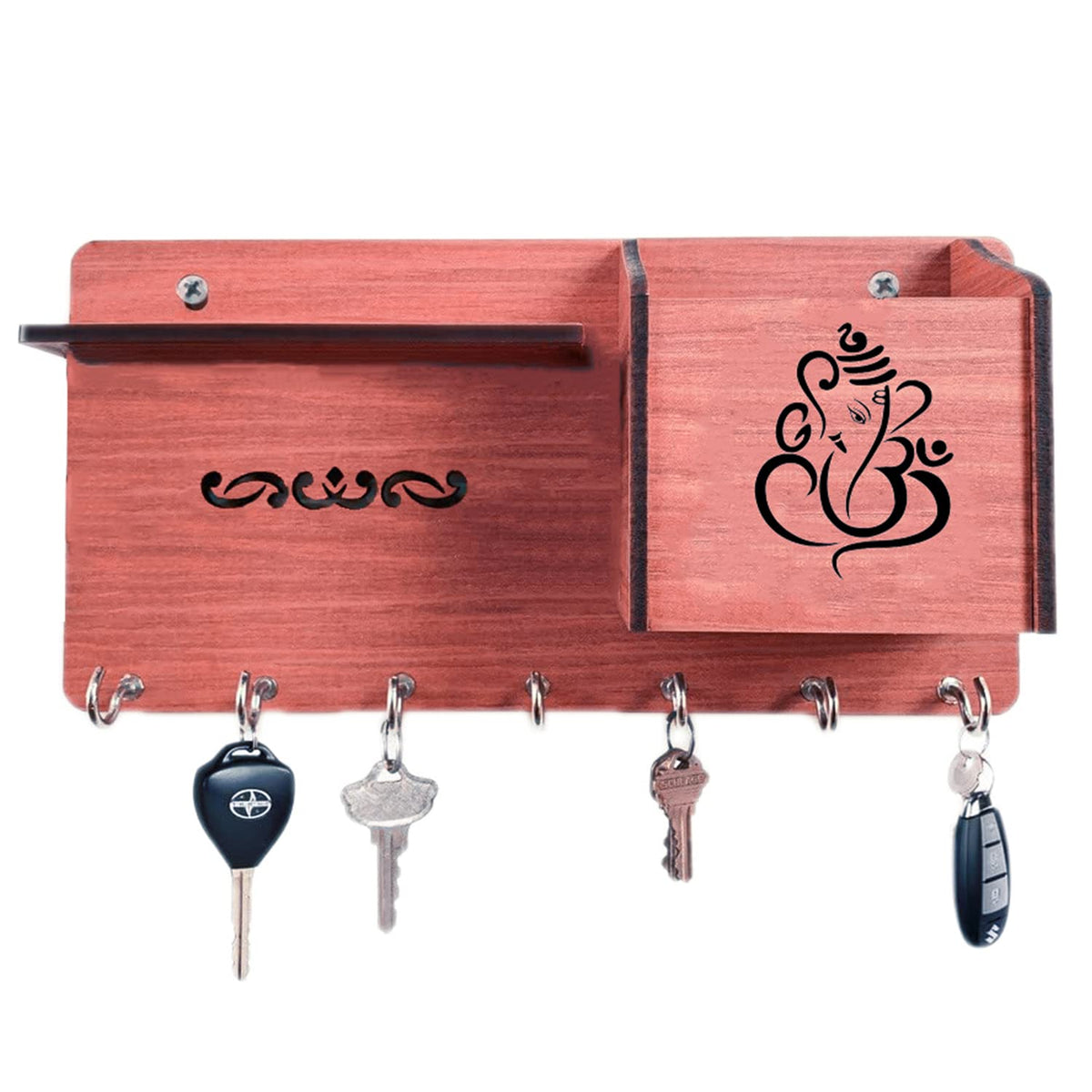 Kuber Industries Wooden Line Design 7 Hooks Key Holder | Pen & Pencil Holder | Mobile Stand with Charging Slots (Brown)