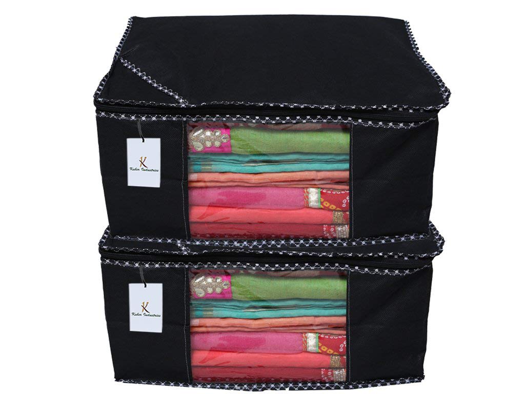 Kuber Industries 2 Piece Non Woven Designer Saree Cover/Saree Bag/Storage Bag, 9 inch, Black