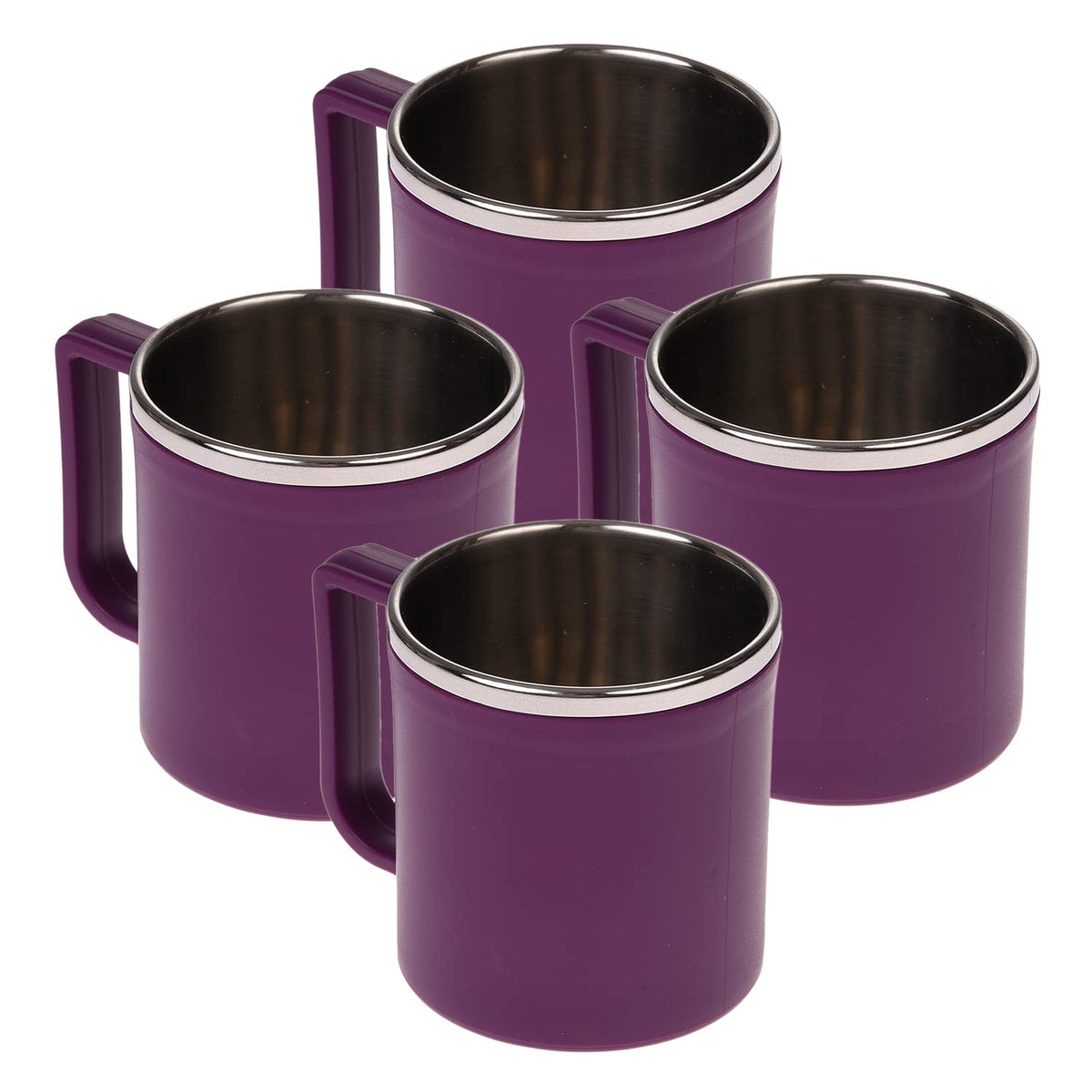 Kuber Industries Coffee Mug|Inside Stainless Steel Double Wall Tea Cup|Outside Plastic Stylish Milk Mug for Kids & Adults|Pack of 4 (Purple)