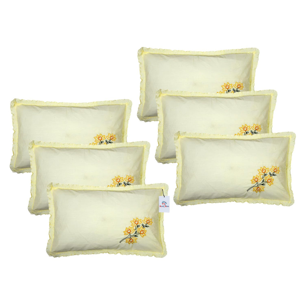Heart Home Pillow Cover | Cotton Pillow Cover | Pillow Cover for Bedroom | Cushion Cover for Living Room | Embroidery Frill with Zip Pillow Cover | 20x30 Inch | Set of 6 | Cream