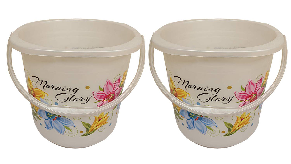 Kuber Industries Floral 2 Piece Plastic Bucket Set, 16 litres, Off White (CTKTC1837)