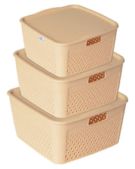 Heart Home Netted Design Unbreakable Multipurpose Square Shape Plastic Storage Baskets with lid Small, Medium, Large Pack of 3 (Beige)