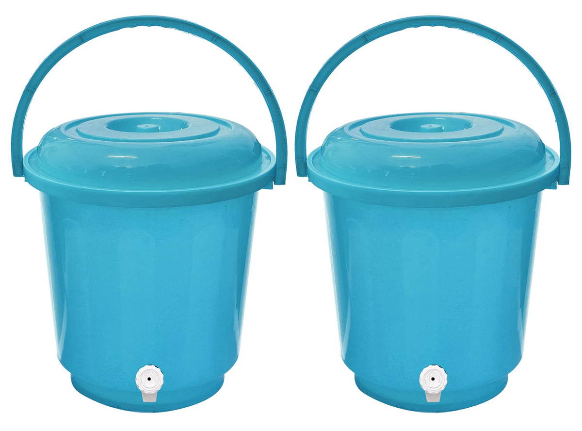 Kuber Industries Multipurposes Plastic Bucket with Lid & Tap System for Home Cleaning & Save Water, 18Ltr. Pack of 2 (Blue)