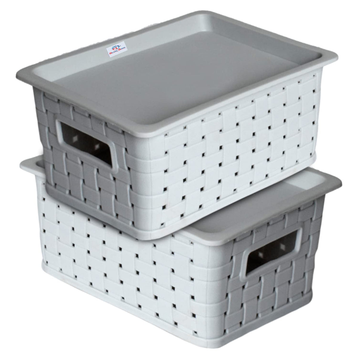 Heart Home BPA Free Attractive Design Multipurpose Small Trendy Storage Basket With Lid|Material-Plastic|Color-Gray|Pack of 2