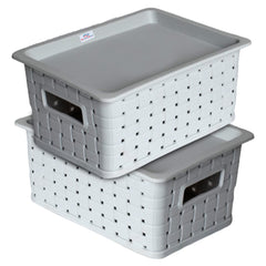 Heart Home BPA Free Attractive Design Multipurpose Small Trendy Storage Basket With Lid|Material-Plastic|Color-Gray|Pack of 2