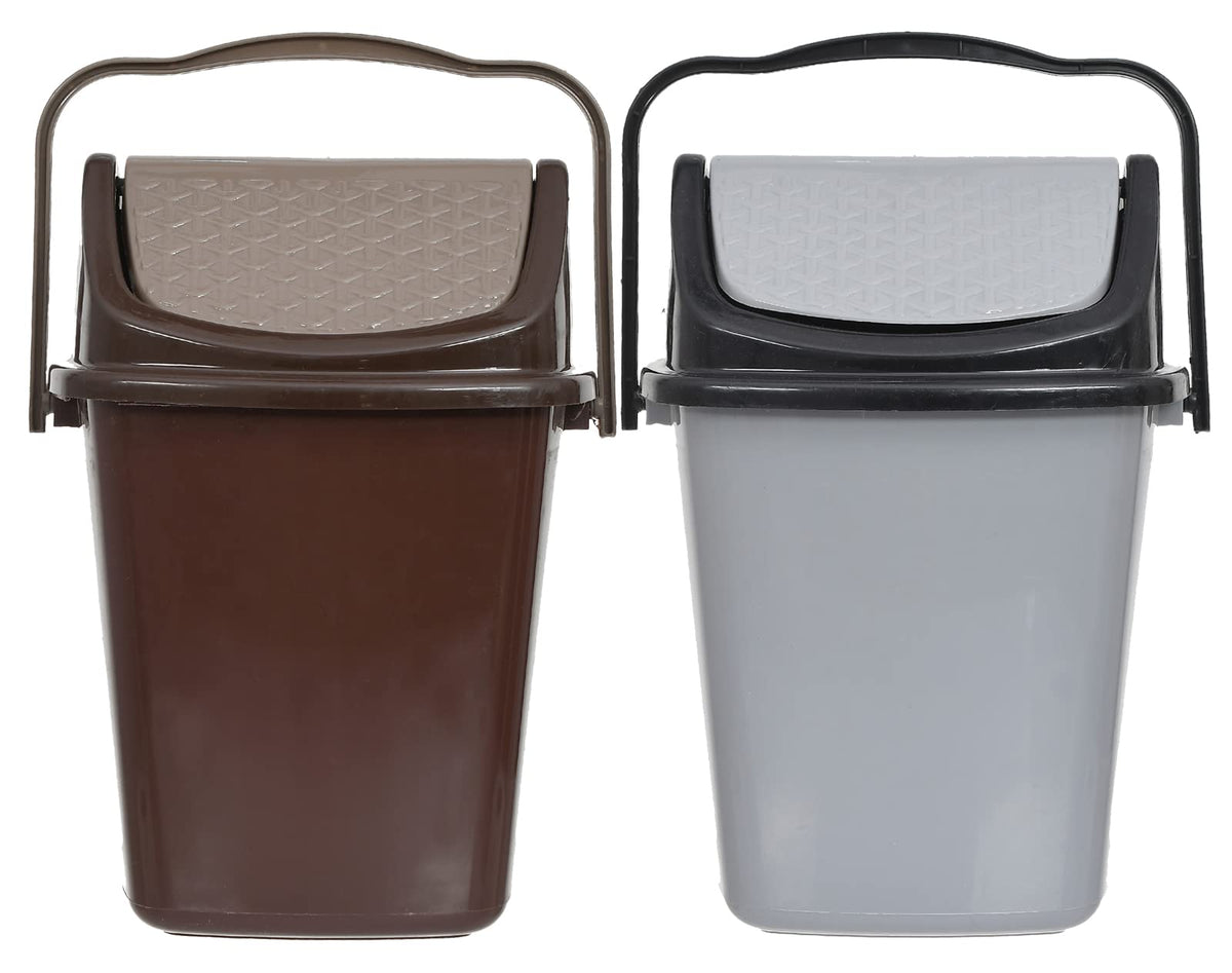 Heart Home Plastic Dustbin, Trashbin, Wastebin For Kitchen, Bathroom, Office Use With Swing Lid With Handle, 7 Liter- Pack of 2 (Brown & Grey)-47HH0856
