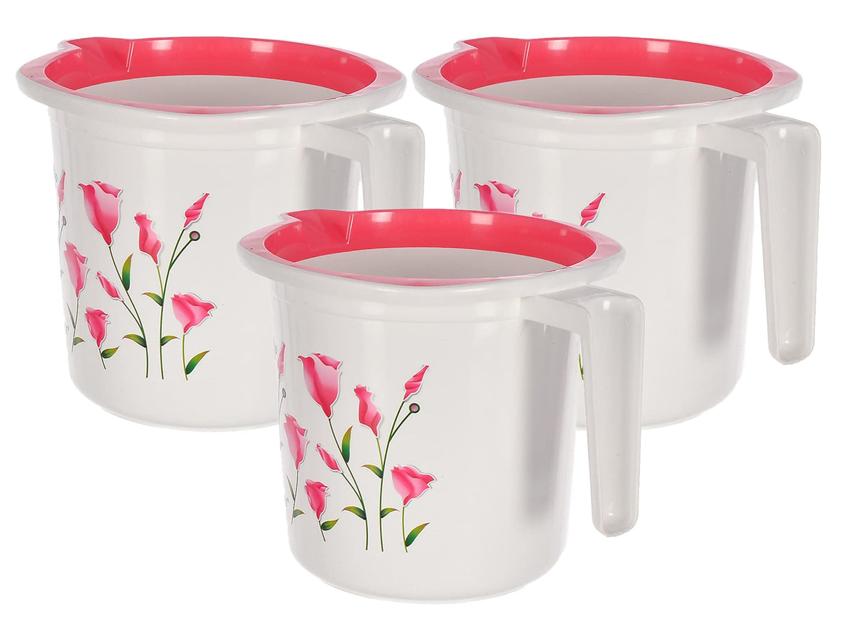 Heart Home Floral Print Plastic Bathroom Mug 1.5 Litre- Pack of 3 (Pink)-46HH0185