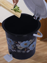 Kuber Industries Durable Flower Print Plastic Pedal Dustbin|Waste Bin|Trash Can For Kitchen & Home With Handle,7 Litre,Pack of 2 (Black)