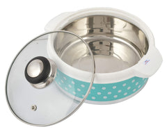 Heart Home Dot Printed BPA Free Food Grade Inner Stainless Steel Casserole Keeps Chapati, Food, Curry With Toughened Glass Lid, 1500ml- Pack of 2 (Green)-HS42KUBMART25004