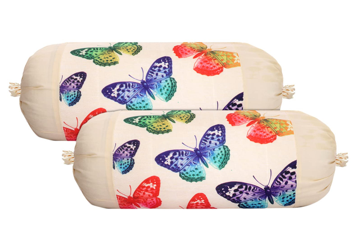 Kuber Industries Bolster Cover|Polyester Bolster Cover Set|Diwan Round Bolster Pillow Covers|Luxurious Butterfly Print Roll Masand Cover|Pack of 2 (Cream)