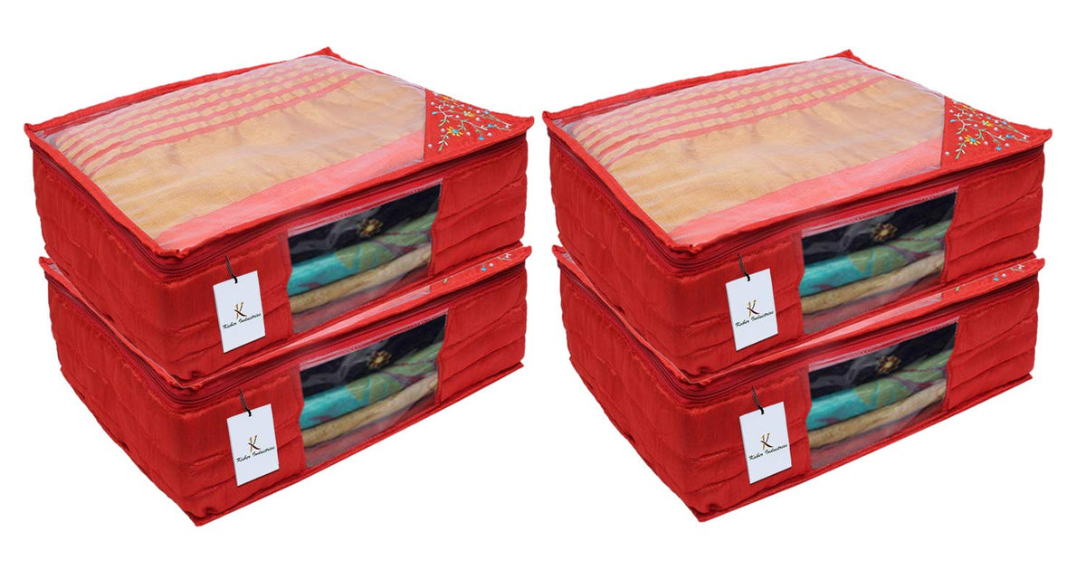 Kuber Industries 3 Layered Quilted Silk 4 Pieces Saree Cover (Red) -CTKTC024670