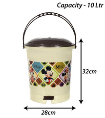 Kuber Industries Multiuses Mickey Mouse Print Plastic Dustbin For Home, Kitchen, Office, Bathroom With Swing Lid 10 Litre Pack of 2 (Cream) 52KM3975