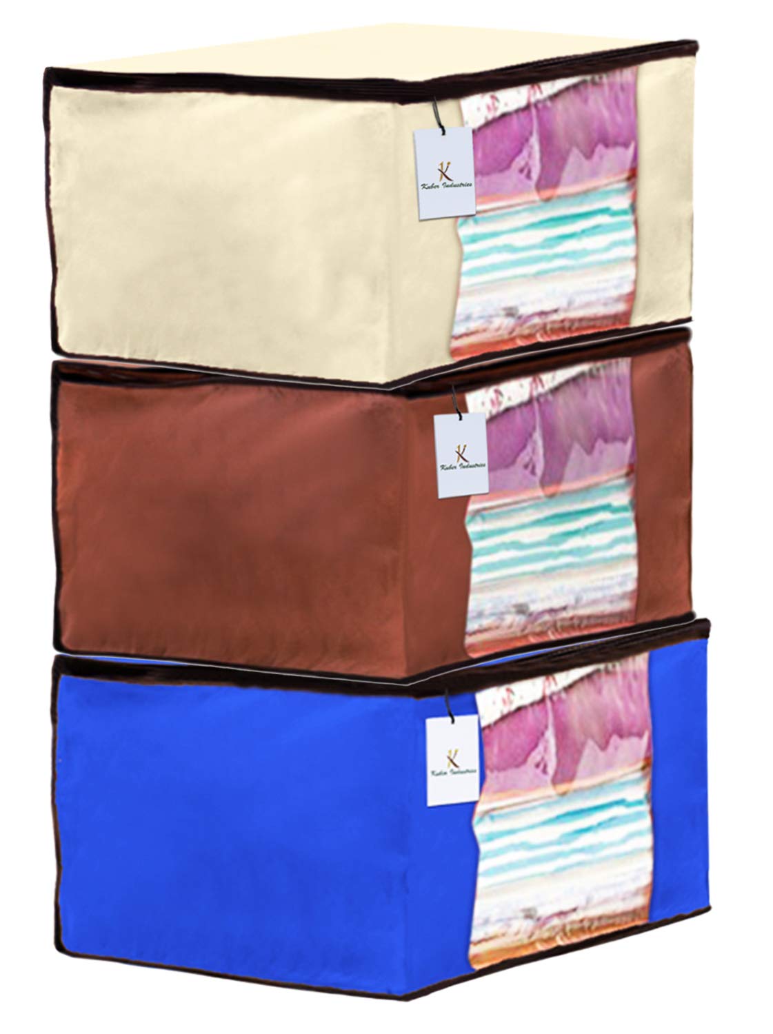 Kuber Industries 3 Piece Non Woven Fabric Saree Cover Set with Transparent Window, Extra Large, Ivory,Royal Blue,Dark Brown-CTKTC23744
