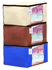 Kuber Industries 3 Piece Non Woven Fabric Saree Cover Set with Transparent Window, Extra Large, Ivory,Royal Blue,Dark Brown-CTKTC23744