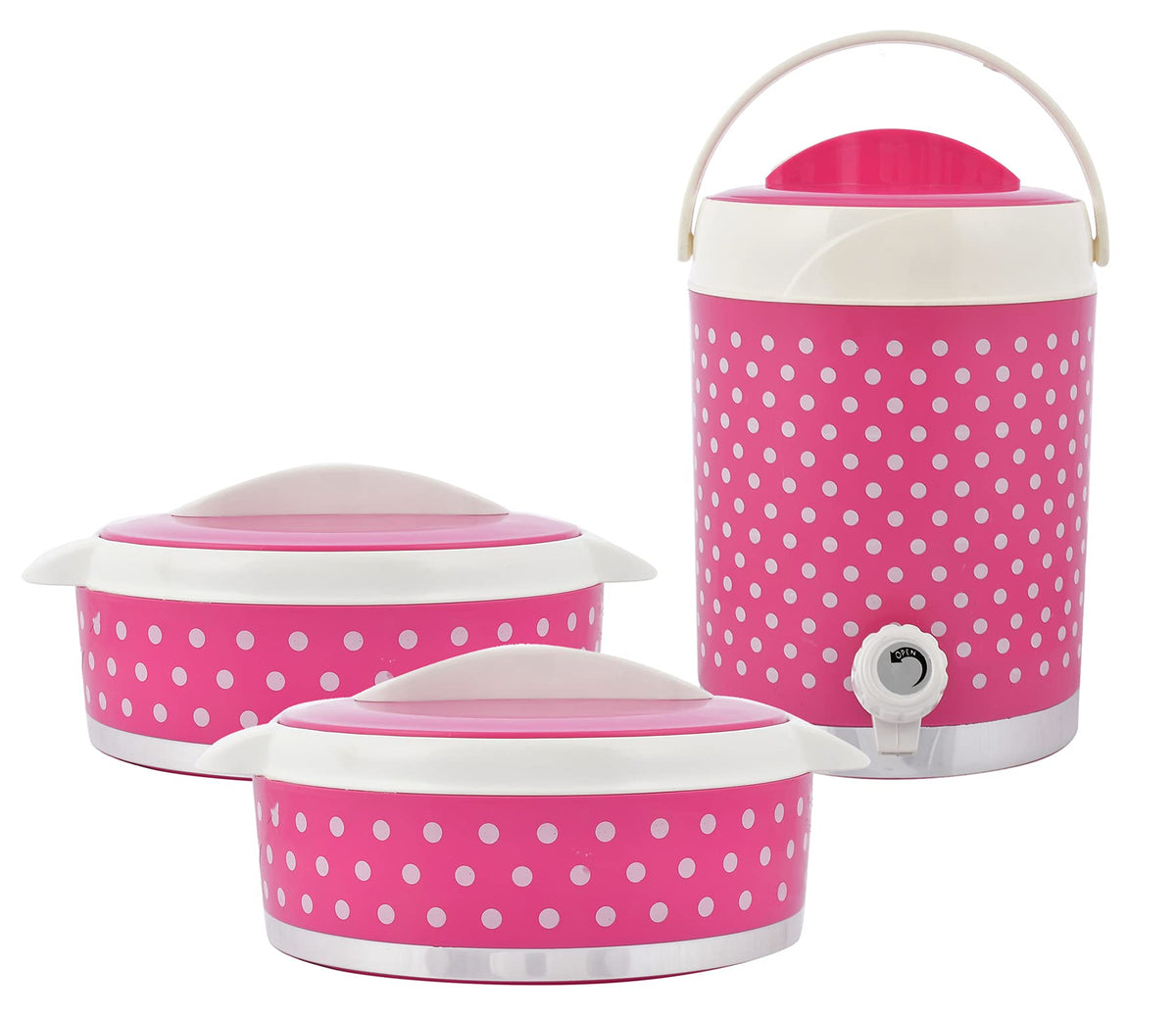 Kuber Industries Dot Printed Inner Steel Insulated 2 Cassrole & 1 Water Jug/Camper Set, Set of 3 (Pink) -HS42KUBMART25143