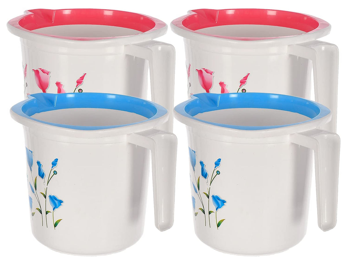 Kuber Industries Floral Print Plastic Bathroom Mug 1.5 Litre Pack of 4 (Blue & Pink)-46KM0201, Standard