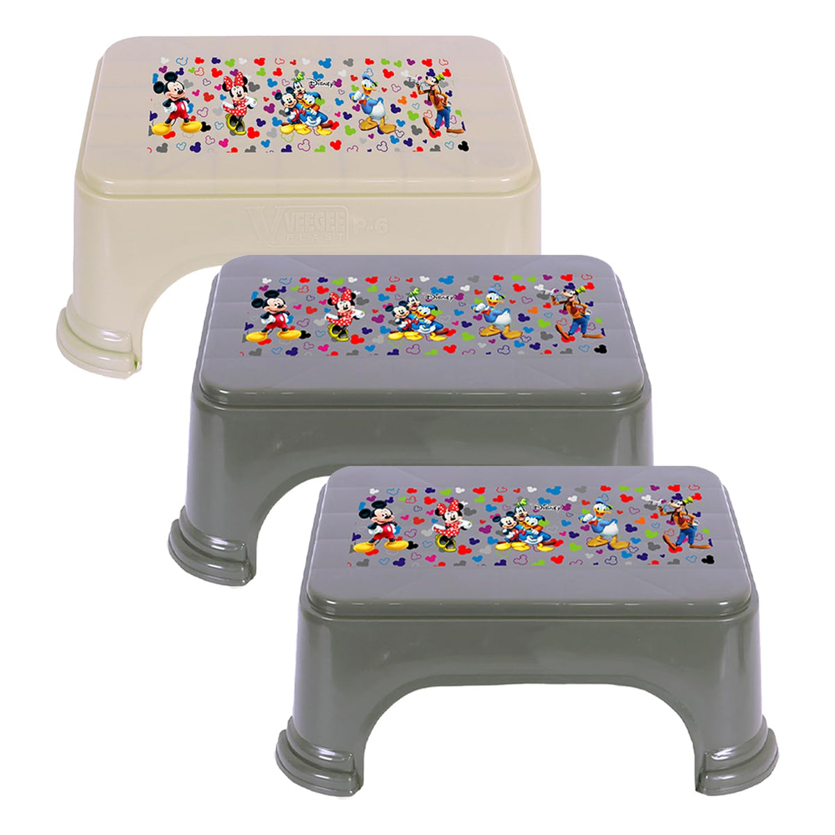 Kuber Industries Disney Team Stool | Bathroom Square Stool | Plastic Stool for Bathroom | Stool for Kitchen | Bathroom Patla | Support Stool for Bathroom | P6 | Pack of 3 | Multi
