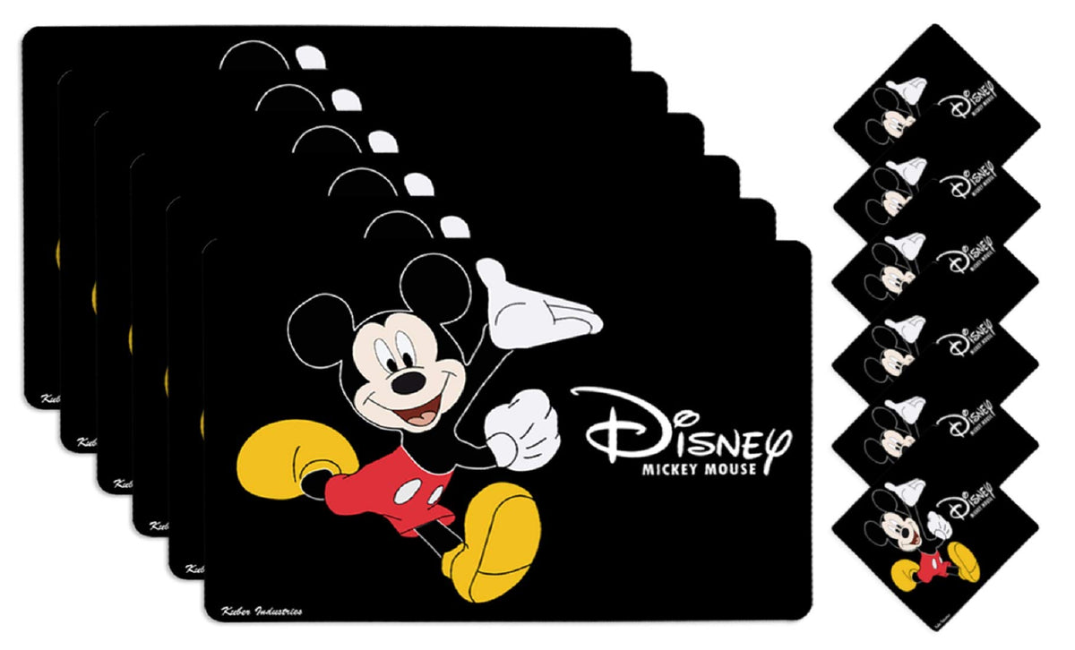 Kuber Industries Disney Mickey Mouse PVC 6 Pieces Dining Table Placemat with Tea Coasters Set (Black) - CTKTC046238