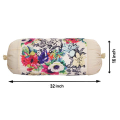 Kuber Industries Bolster Cover|Polyester Bolster Cover Set|Diwan Round Bolster Pillow Covers|Luxurious Floral Print Roll Masand Cover|Pack of 2 (Cream)