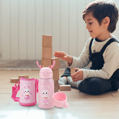 Urbane Home Water Bottle for Kids|Bunny Design Stainless Steel Flask with Straw, Cup & Fabric Cover|Sipper Bottle for Kids|Food Grade Plastic Lid|Broad Fabric Strap|Leak Proof, BPA Free|500 ml