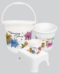 Kuber Industries Printed 4 Pieces Plastic Bucket, Dustbin, Mug & Stool Set (White) (HS39KUBMART023508)