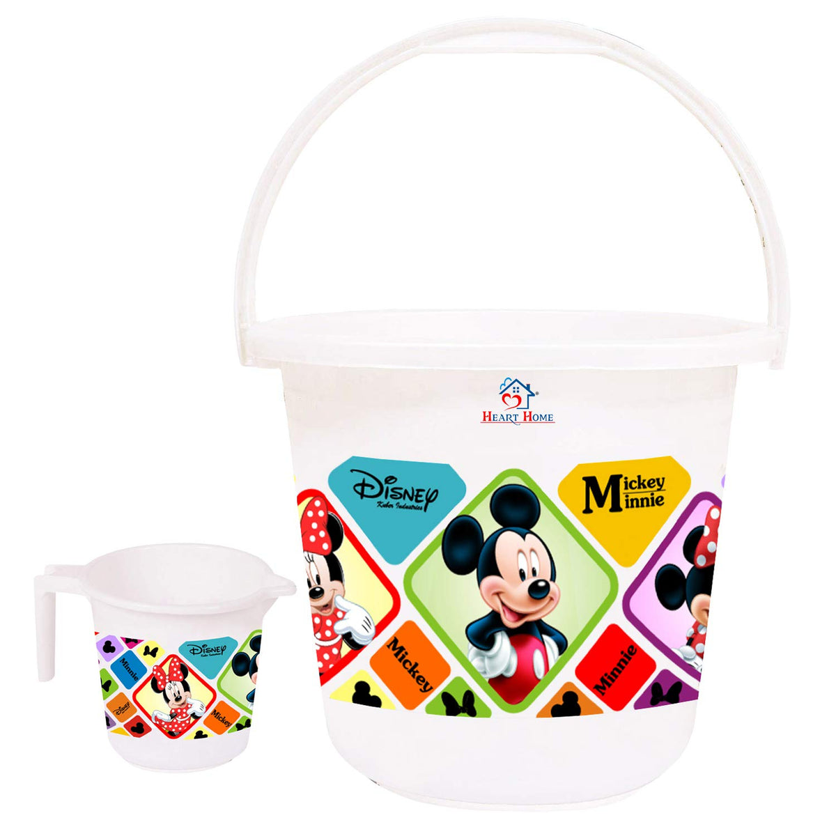 Heart Home Disney Mickey Minnie Print 2 Pieces Unbreakable Virgin Plastic Bathroom Bucket with Mug Set- White, (1 Pc 16 LTR Bucket & 1 Pc 500 ML Mug) -HS_35_HEARTHS17938