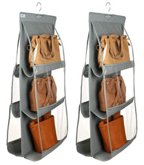 Heart Home Dust Proof Hanging Handbag Purse Clutch Organizer with 6 Large Compartments & Hanger, Pack of 2 (Grey)