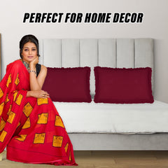 Heart Home Pillow Cover | Cotton Pillow Cover | Pillow Cover For Bedroom | Pleated Frill Border Long Crush Pillow Cover | Set of 6 | 20x30 Inch | Maroon