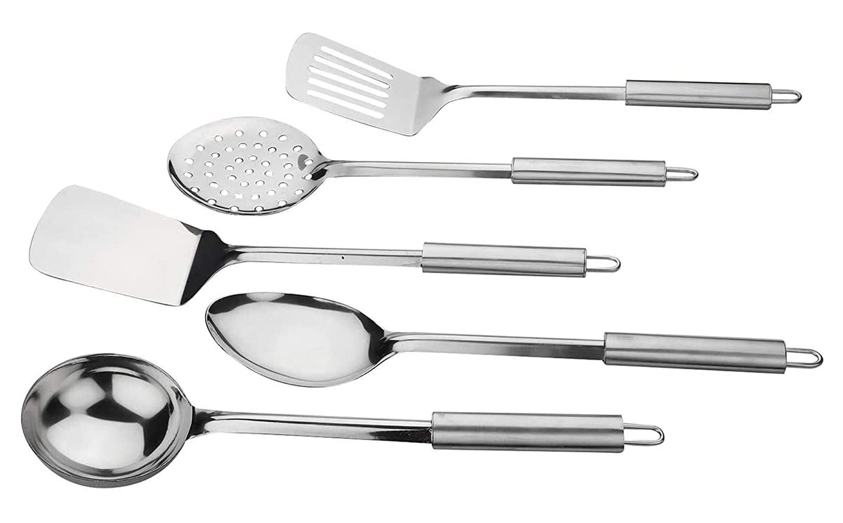 Heart Home Stainless Steel Kitchen Utensil, Cookware Set, Kitchen Tool- Set of 5 (Skimmer & Spatula & Solid Turner & Slotted Turner & Ladle) (Silver)
