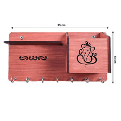 Kuber Industries Wooden Line Design 7 Hooks Key Holder | Pen & Pencil Holder | Mobile Stand with Charging Slots (Brown)