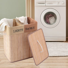 Kuber Industries Bamboo Basket With Lid|Foldable Laundry Basket For Clothes|Durable Rope Handles & Removable Bag|Natural|