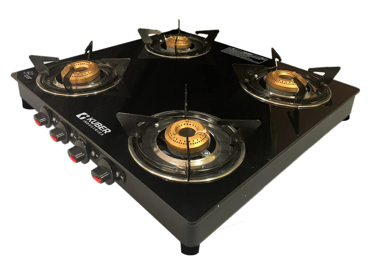 Kuber Industries Gas Stove 4 Burners | Highly Quality Glass Top, Manual Ignition & Cast Iron Burner | Easy to Clean, Wobble Free Pan Support Stand | Break Resistant | Compact & User-Friendly Design