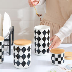 Heart Home Ceramic Jar | Food Storage Jar | Kitchen Storage Jar | Round Jar for Home | Sugar Storage Jar | Airtight Bamboo Lid | Diamond Pattern | YX11-L-DM | 1000 ML | Black-White