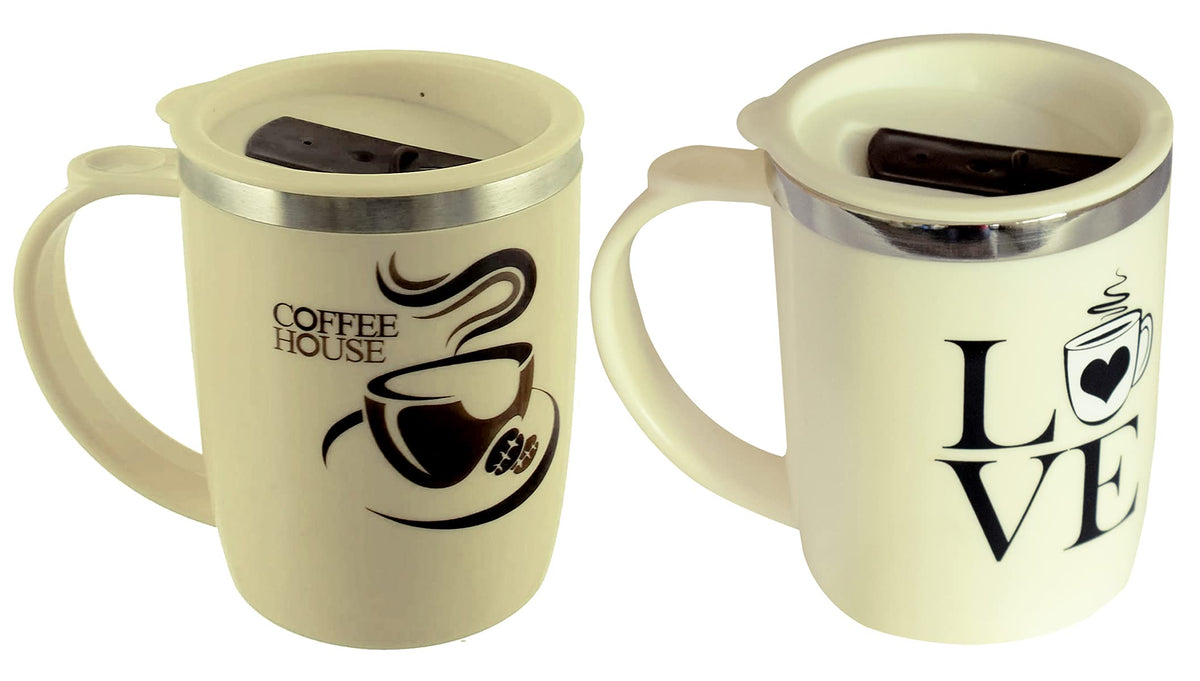 Kuber Industries Insulated BPA Free Plastic Coffee Mug with Lid, Pack of 2 (Cream)