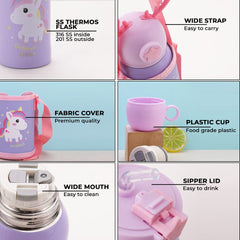 Heart Home Water Bottle for Kids|Unicorn Design Stainless Steel Flask with Straw, Cup & Fabric Cover|Sipper Bottle for Kids|Food Grade Plastic Lid|Broad Fabric Strap|Leak Proof, BPA Free|500 ml