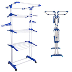 Heart Home Stainless Steel 4-Tier Movable Laundry Clothes Rack|Cloth Drying Stand With Wheels for Balcony & Outdoor (Blue)