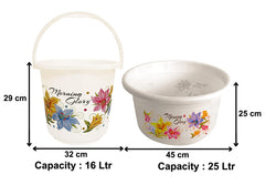 Kuber Industries Printed 2 Pieces Plastic Bucket & Tub Set (White)