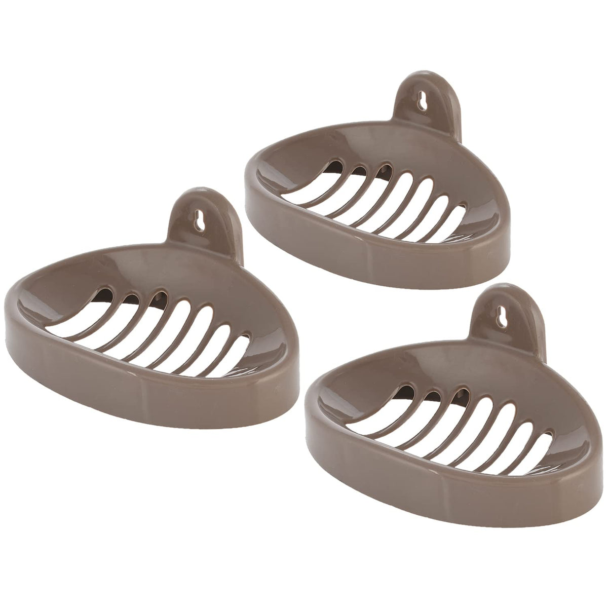 Kuber Industries Soap Holder|Sink Soap Holder|Plastic Wall Mounted Soap Holder|Oval Shape Self Draining Soap Dish for Bathroom|Pack of 3 (Brown)