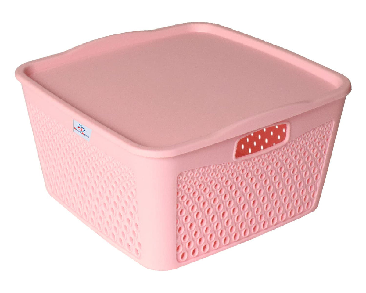 Heart Home Netted Design Unbreakable Multipurpose Square Shape Plastic Storage Baskets with lid Large (Pink)