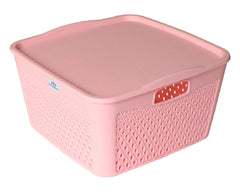 Heart Home Netted Design Unbreakable Multipurpose Square Shape Plastic Storage Baskets with lid Large (Pink)