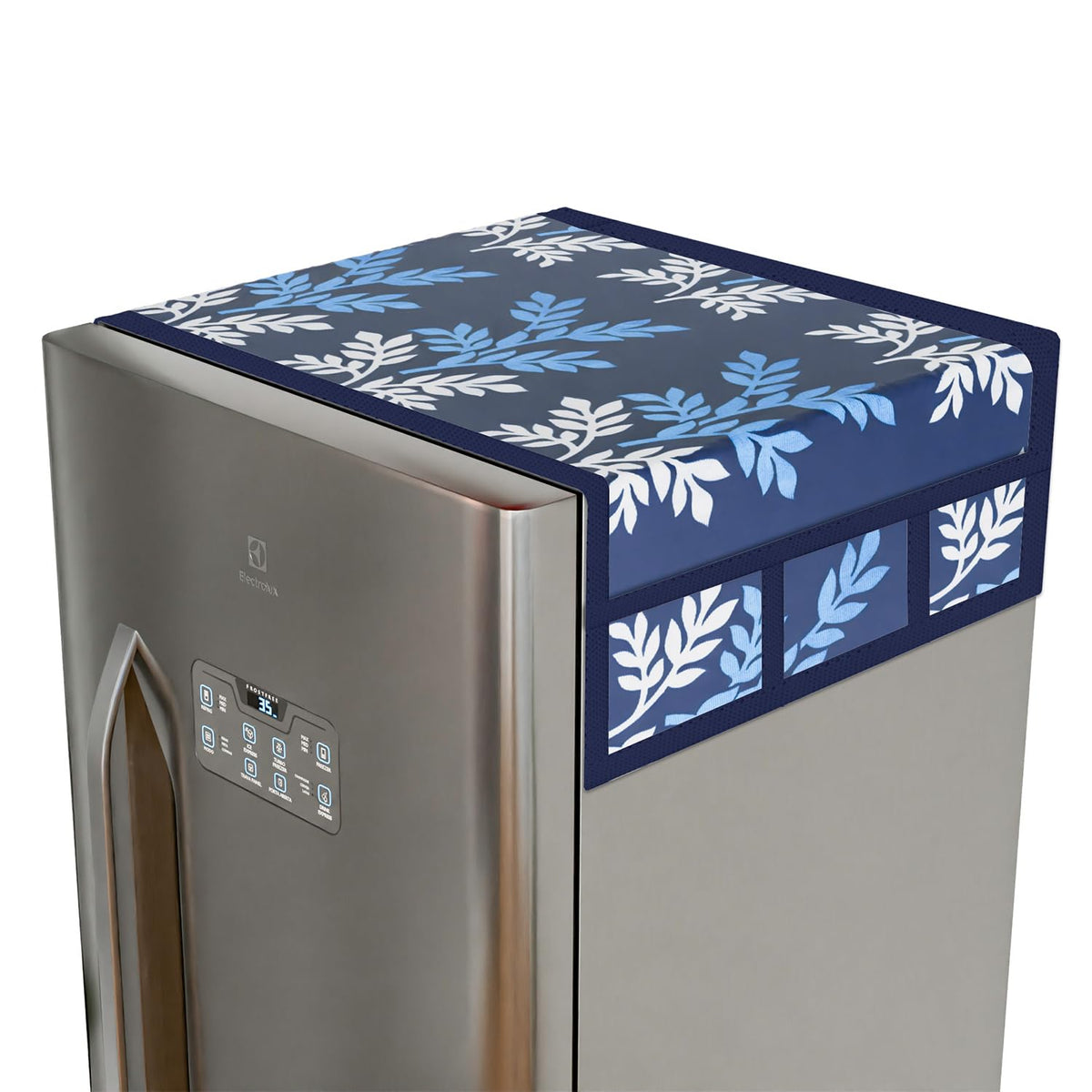 Kuber Industries Fridge Top Cover | Fridge Top Cover with Pockets | Refrigerator Top Cover for Kitchen | Fridge Top Cover with 6 Utility Pockets | Leaf Kniting Fridge Cover | Blue
