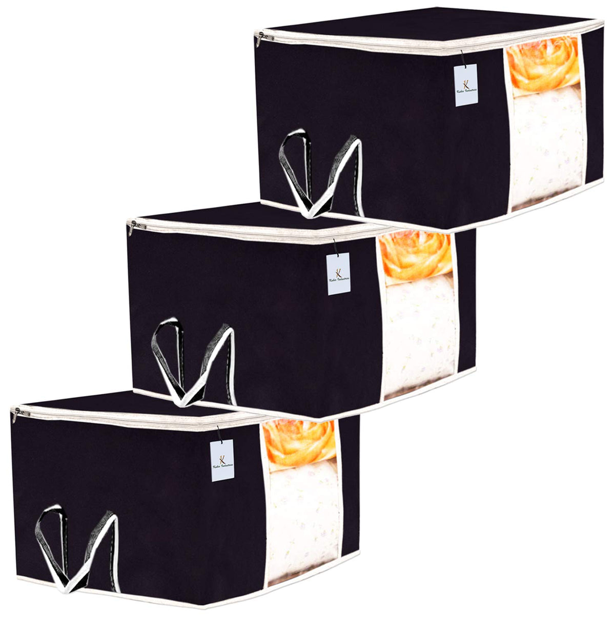 Kuber Industries 3 Piece Non Woven Underbed Storage Bag,Storage Organiser,Blanket Cover with Transparent Window,Extra Large, Black CTKTC34443