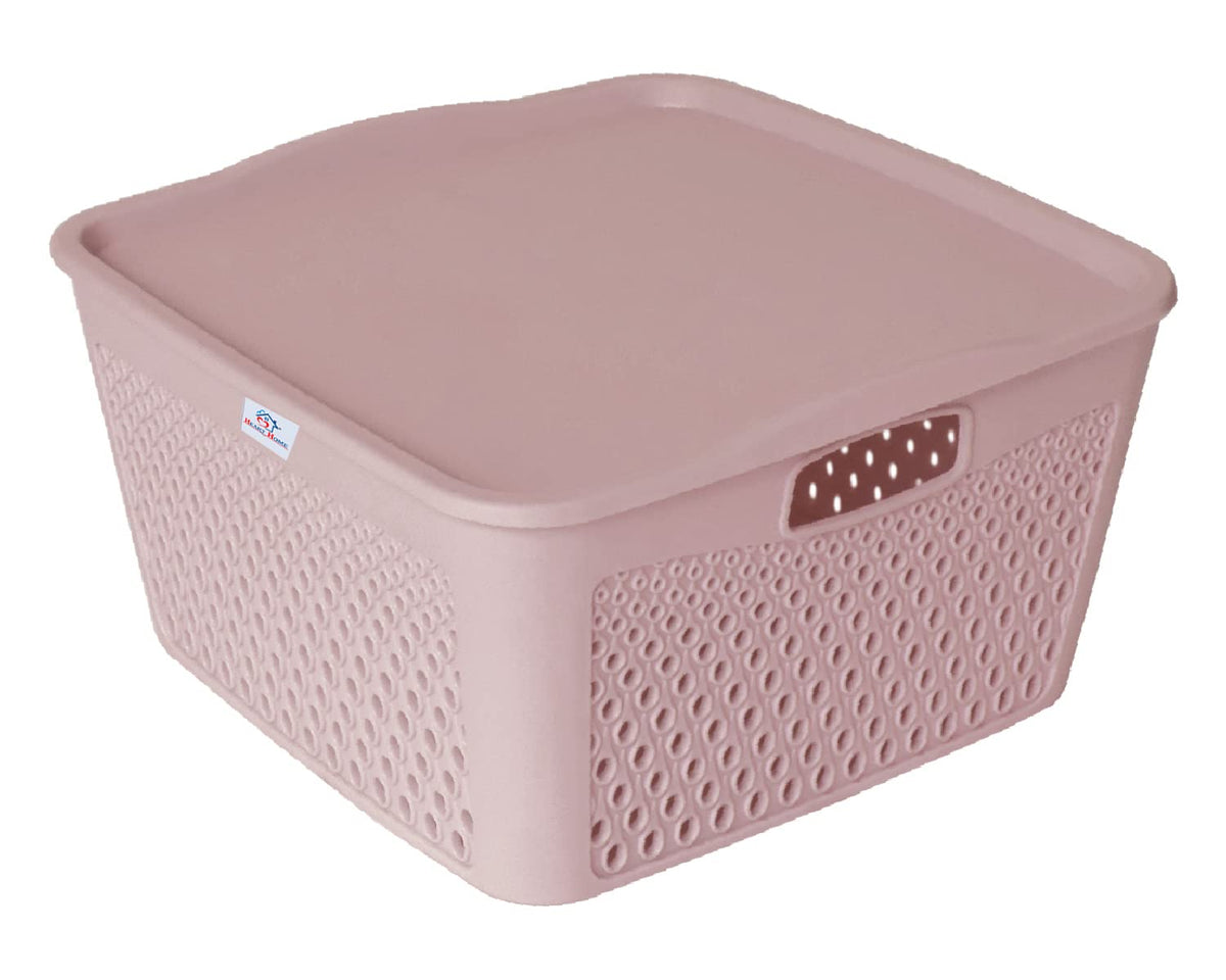 Heart Home Netted Design Unbreakable Multipurpose Square Shape Plastic Storage Baskets with lid Large (Grey)