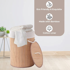Kuber Industries Bamboo Basket With Lid|Foldable Laundry Basket For Clothes|Durable Rope Handles & Removable Bag (Natural)