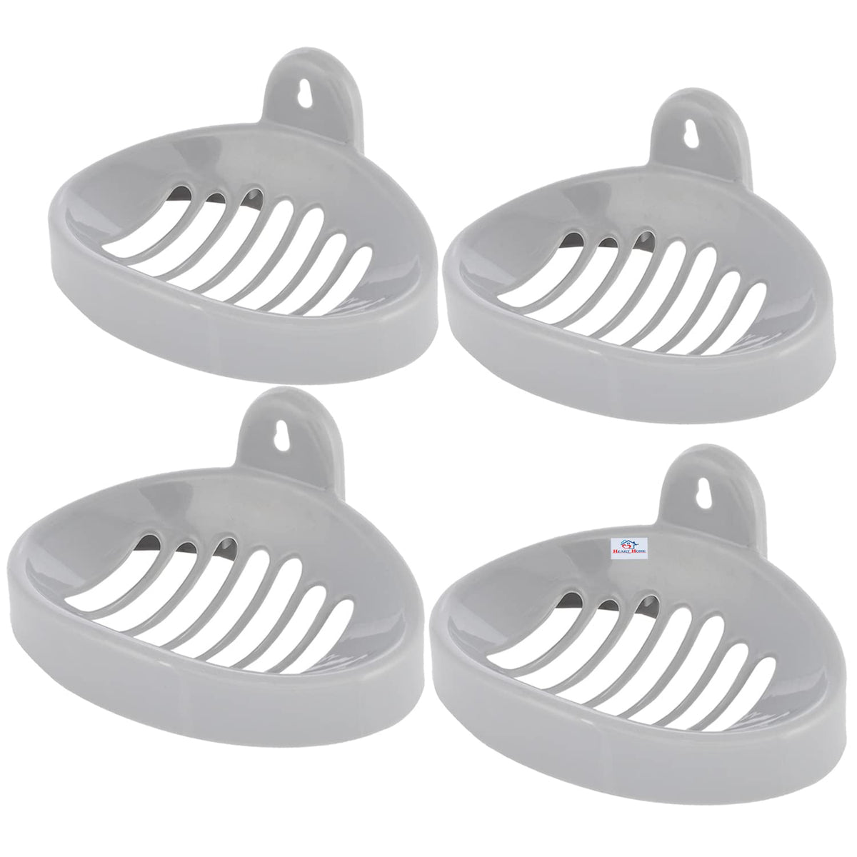 Heart Home Soap Holder|Sink Soap Holder|Plastic Wall Mounted Soap Holder|Oval Shape Self Draining Soap Dish for Bathroom|Pack of 4 (Silver)