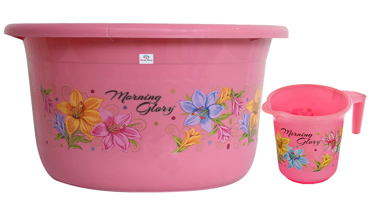 Heart Home Printed 2 Pieces Unbreakable Virgin Plastic Multipurpose Bathroom Tub & Mug Set (Pink)