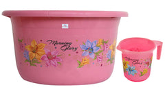 Heart Home Printed 2 Pieces Unbreakable Virgin Plastic Multipurpose Bathroom Tub & Mug Set (Pink)