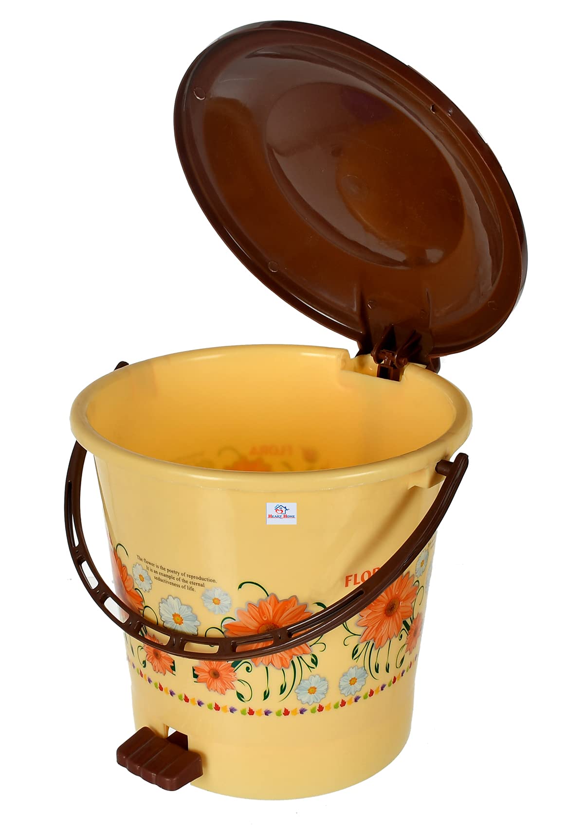 Heart Home Flower Printed Plastic Pedal Dustbin, 5 Ltr (Yellow) (HS39HEARTH022440)