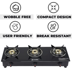 Kuber Industries Gas Stove 3 Burners | Highly Quality Glass Top, Manual Ignition & Cast Iron Burner | Easy to Clean, Wobble Free Pan Support Stand | Break Resistant | Compact & User-Friendly Design